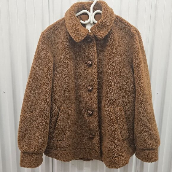 H&M Women's Teddy Sherpa Jacket Button Front Size 10 Brown Polyester - Picture 2 of 13